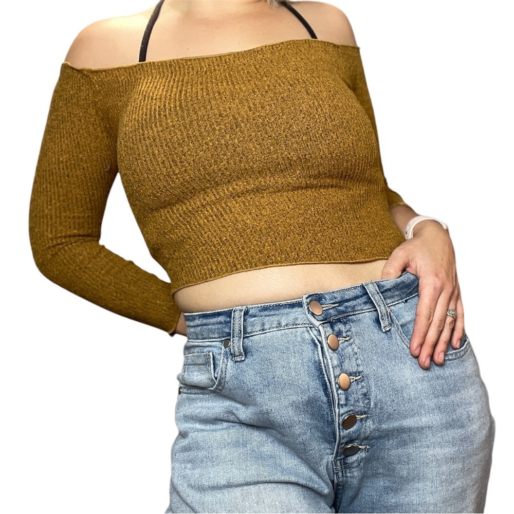 Knit Top Crop Ribbed Off The Shoulder Mustard Long Sleeve size S | Mind Code